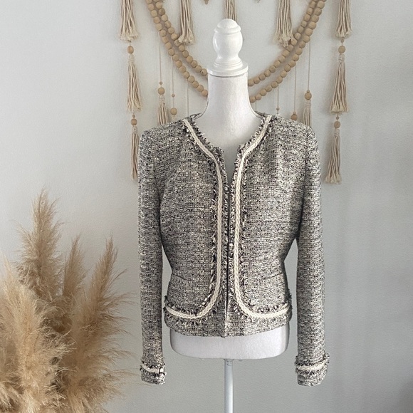 Ellen Tracy tweed blazer jacket sparkle black cream grey Chanel vibe size 10 - Picture 3 of 16